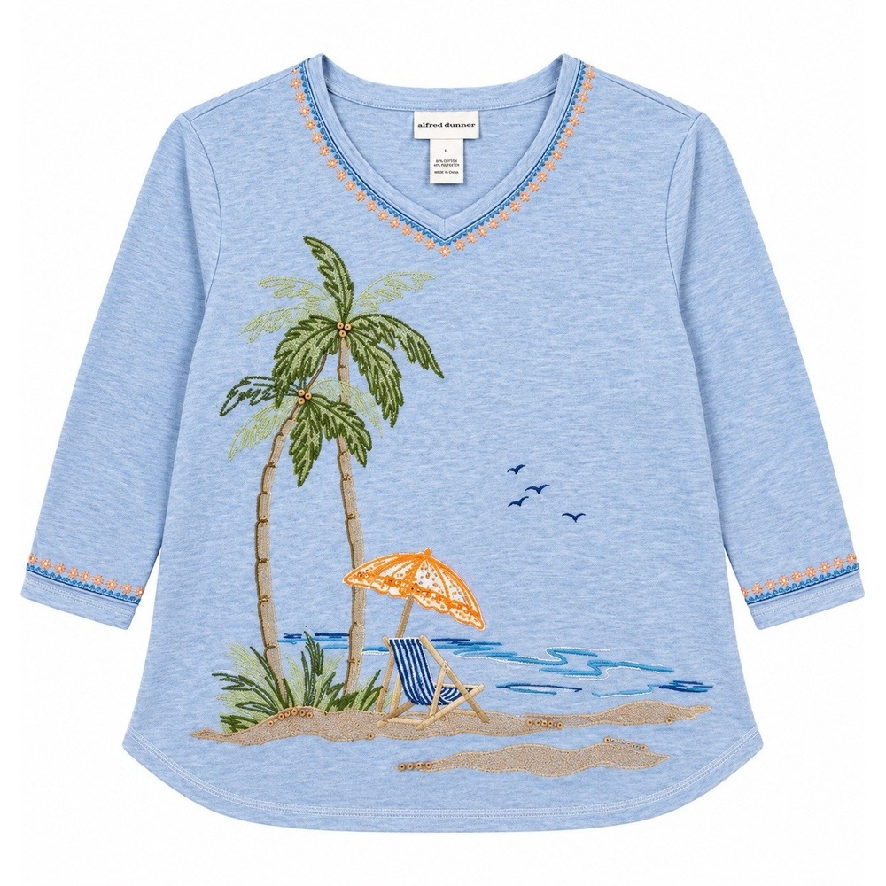 Alfred Dunner Embroidered Palm Tree Top Blue L Florida Resort Wear Vacation